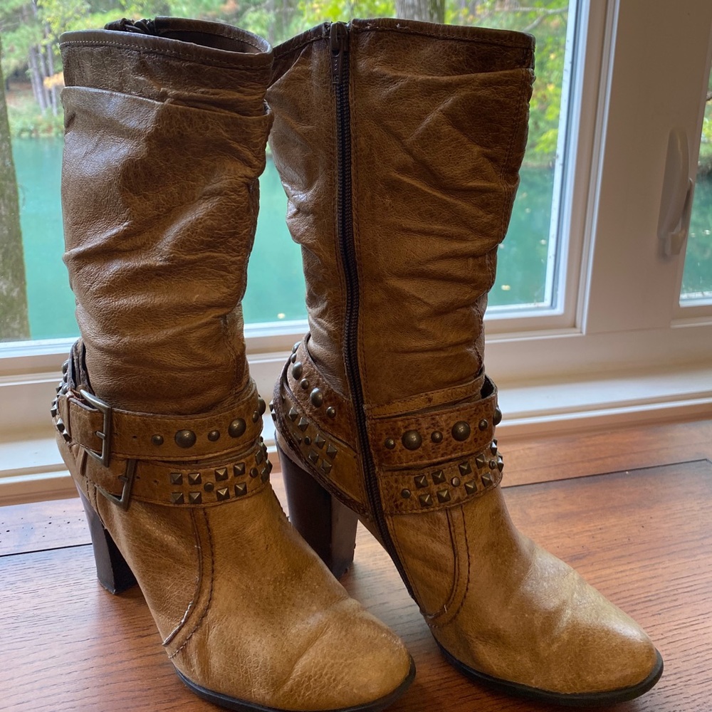 Camel Brown leather & silver stud calf boots